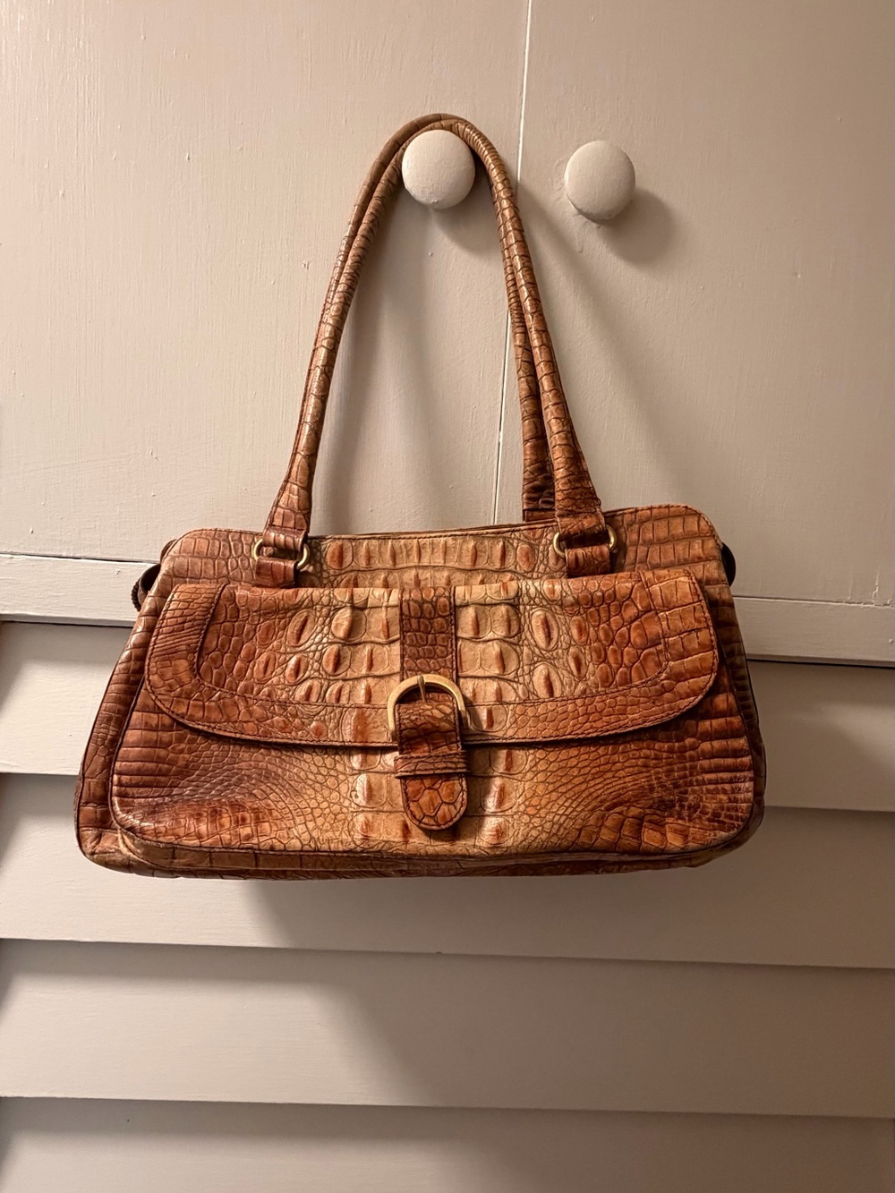 Brahmin Croc-Embossed Shoulder Bag in Cognac Brown